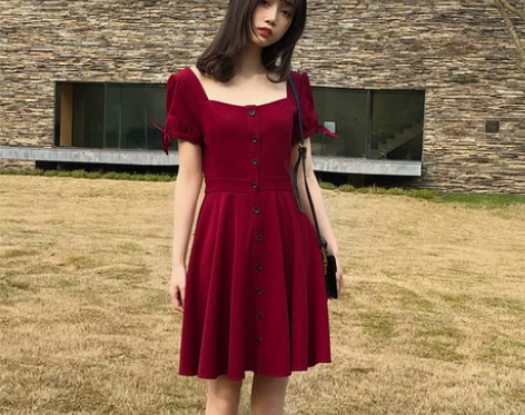 泡芙定制 窈窕淑女 红蓝黄三色蝴蝶结短袖显...