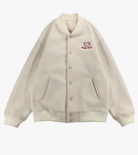 在家可发货)小熊刺绣毛呢棒球棉服女秋冬加厚...