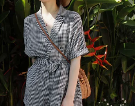 西装领复古格子连体裤女新款夏2019高腰显...