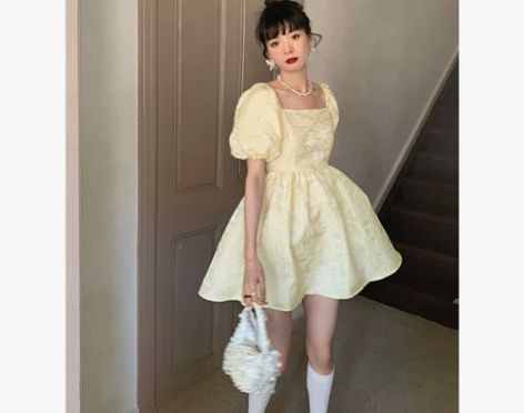 乌龙羊/法式方领蓬蓬裙连衣裙女夏公主裙提花...
