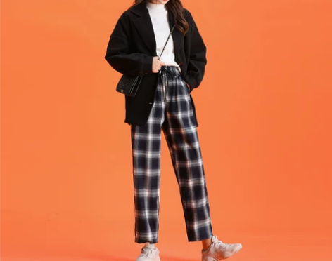 黑白格子裤女秋冬2019新款韩版英伦风宽松...
