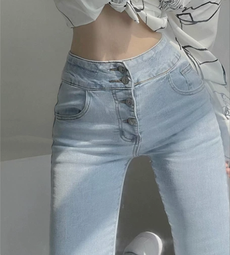 【撩男于无形】四排扣浅蓝高腰牛仔小脚裤女包...