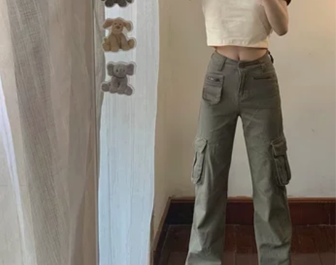 只穿了两三次 欧美式复古绿色工装裤子女夏季...