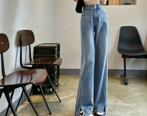 超高腰阔腿牛仔裤女春夏薄款显瘦宽松开叉直筒...