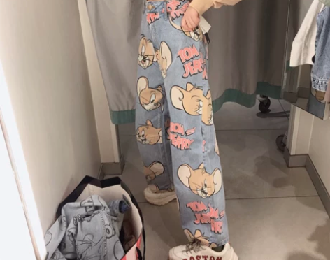宽松胖MM猫和老鼠牛仔裤宽松大码女裤秋装新...