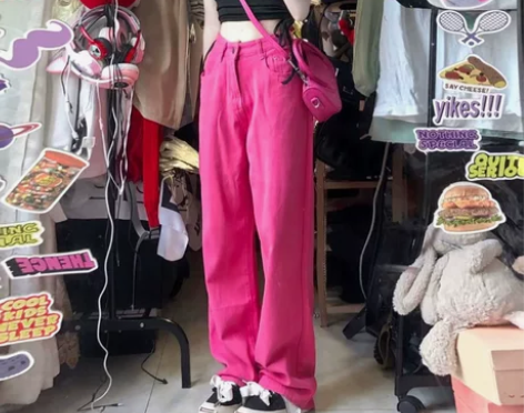 爵士舞甜辣jazz裤子女夏季薄款玫红色牛仔...