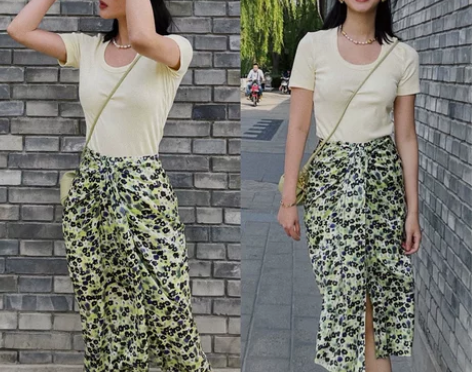 杨采钰明星同款绿色碎花半身裙夏薄款开叉一步...