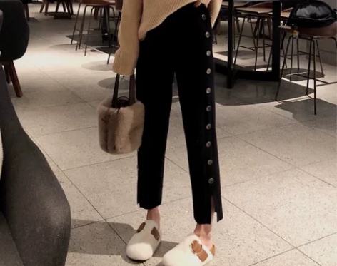 针织直筒裤女秋冬季高腰休闲裤宽松奶奶裤侧开...