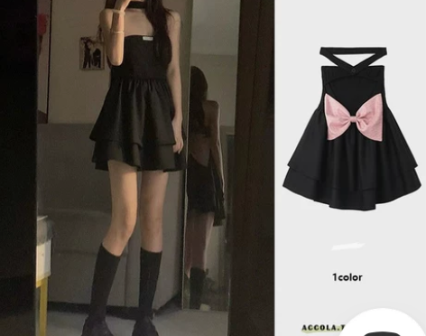 夏季赫本纯欲辣妹风蝴蝶结蓬蓬裙小个子挂脖抹...
