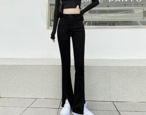 黑色牛仔裤女开叉高腰修身2022年春秋新款...