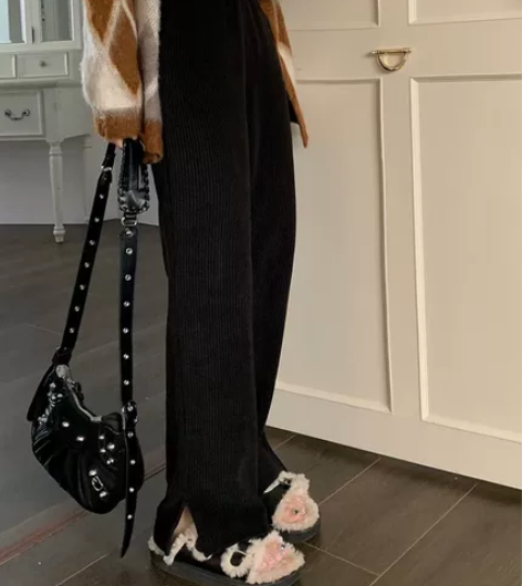 高腰显瘦开叉灯芯绒休闲裤女秋冬新款慵懒风软...