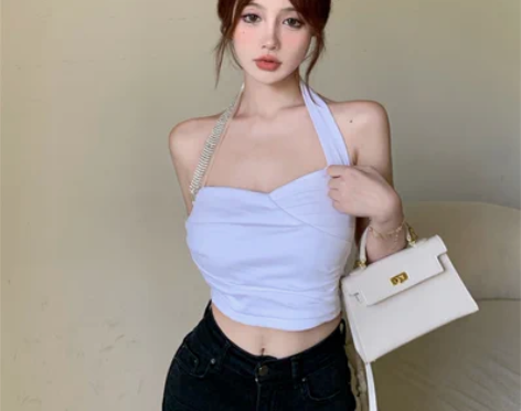 两件包邮。背心女夏外穿设计感小众挂脖白色上...