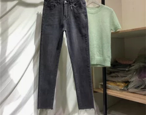 法系小众烟灰色高腰九分弹力修身小脚牛仔裤女...