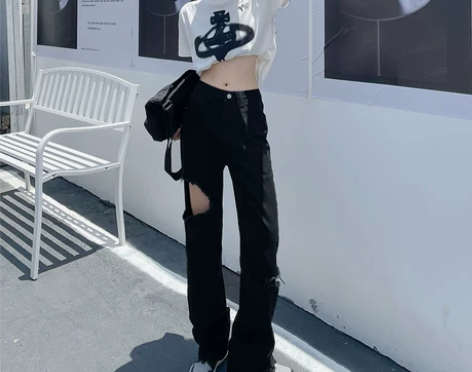 PVJ破洞牛仔裤女2022夏季薄款高腰设计...