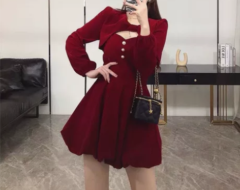 早春新年战服套装裙连衣裙女长袖丝绒披肩+吊...