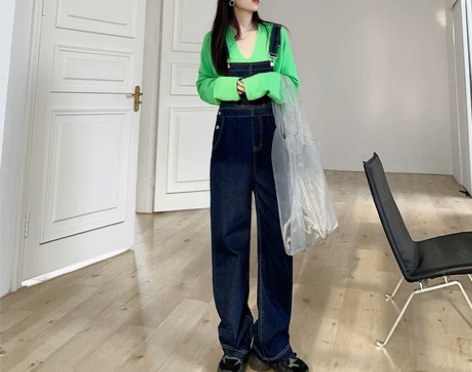 温姗减龄少女显瘦韩版ins风阔腿背带裤牛仔...