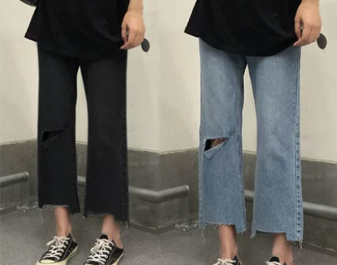 大码破洞牛仔裤女薄款高腰胖mm显瘦梨型身材...