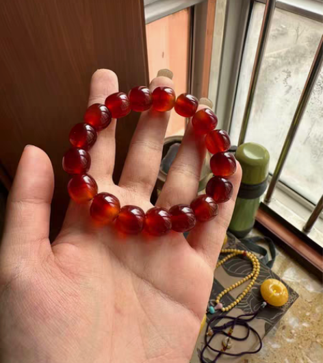 包邮天然逊克玛瑙北红玛瑙江料老型珠手串 尺...