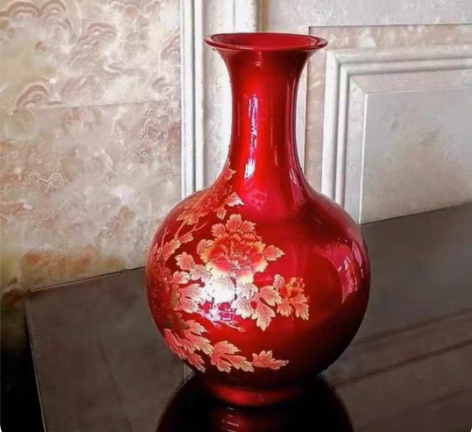 景德镇陶瓷器花瓶摆件中国红色擦花现代中式家...