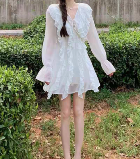 包邮纯欲荷叶边粉色绑带连衣裙S码(前短后长...