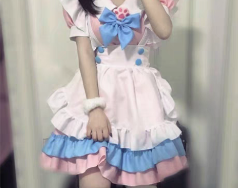 包邮超萌粉蓝女仆装cosplay日常可爱软...