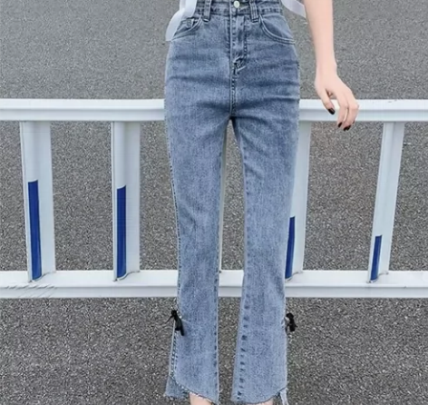 包邮蝴蝶结弹力微喇叭开叉牛仔裤女高腰收腹修...