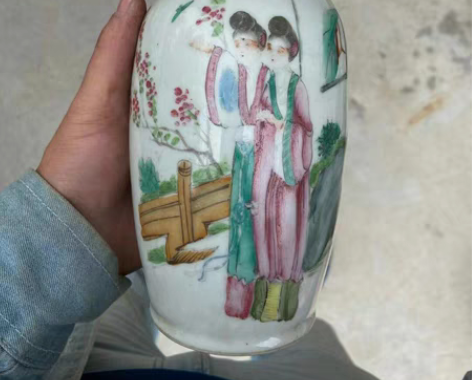 包邮好品相民国名家手绘粉彩二乔人物花瓶赏瓶...
