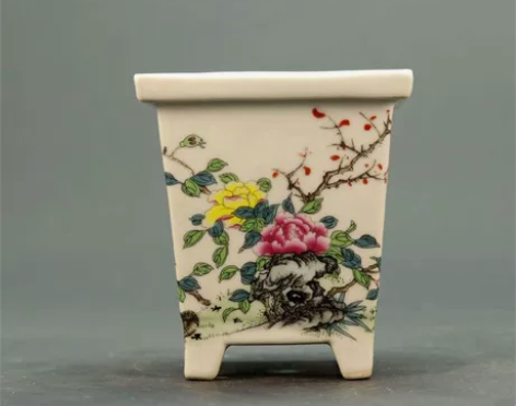 新款景德镇制作 粉彩花鸟平安图四方花盆 复...