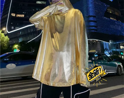 金色银色亮面连帽T恤夜店男装卫衣，舞台装演...