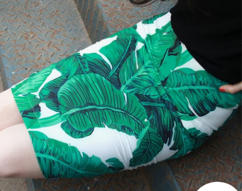 印花半身裙包臀高腰复古一步裙后开叉芭蕉叶绿...