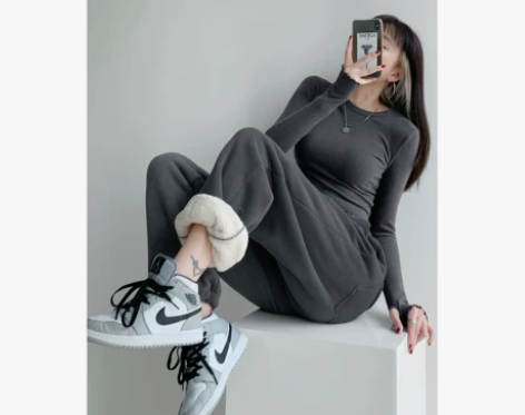 春秋辣妹羊羔绒运动裤女抽绳束脚棉裤高腰外穿...