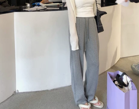 阔腿裤女春秋新款宽松直筒灰色运动裤小个子高...