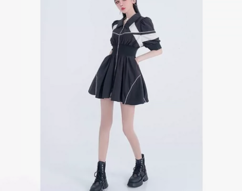 毛妮气质减龄撞色拉链收腰连衣裙女夏季休闲运...