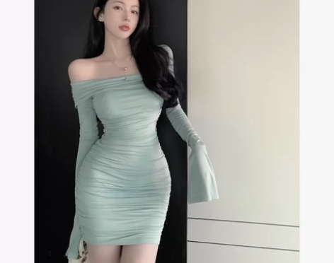 纯欲性感连衣裙女新款一字肩收腰显瘦紧身长袖...
